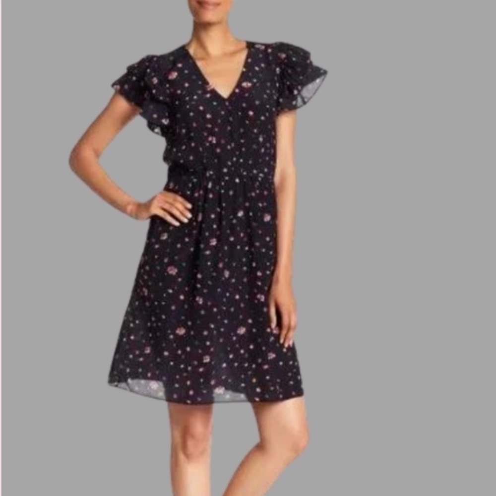 Rebecca Taylor 0 2 Mia Navy Floral Silk Dress Flutter Sleeves V-neck EUC